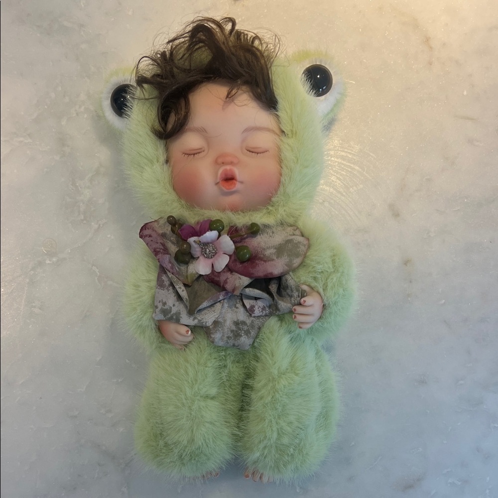 Baby Doll in Fuzzy Light Green Frog Outfit